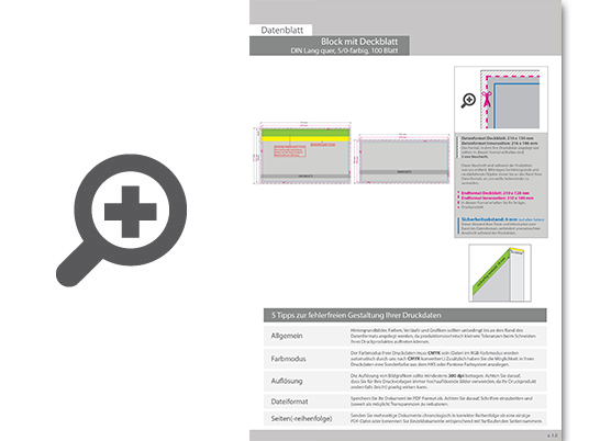 Product Bild block_mit_leimbindung_und_deckblatt__din_lang_quer__100_blatt__5_0_farbig_einseitig_bedruckt_(cmyk_4-farbig_+_1_sonderfarbe_hks_oder_pantone)